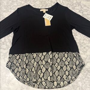Michael Kors Black Long Sleeve Blouse with Snake Print Hem